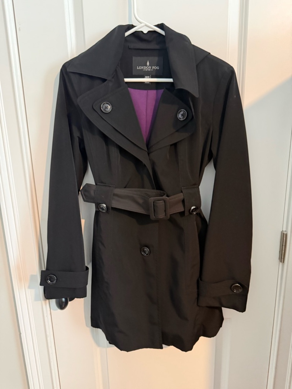 London Fog Black Rain Trench with Purple Lining XS